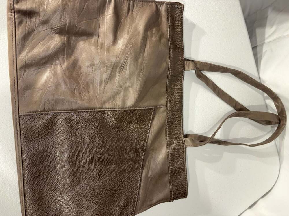 Metallic Bronze Genuine Leather Shopper Tote with Embossed Reptile Texture Detai